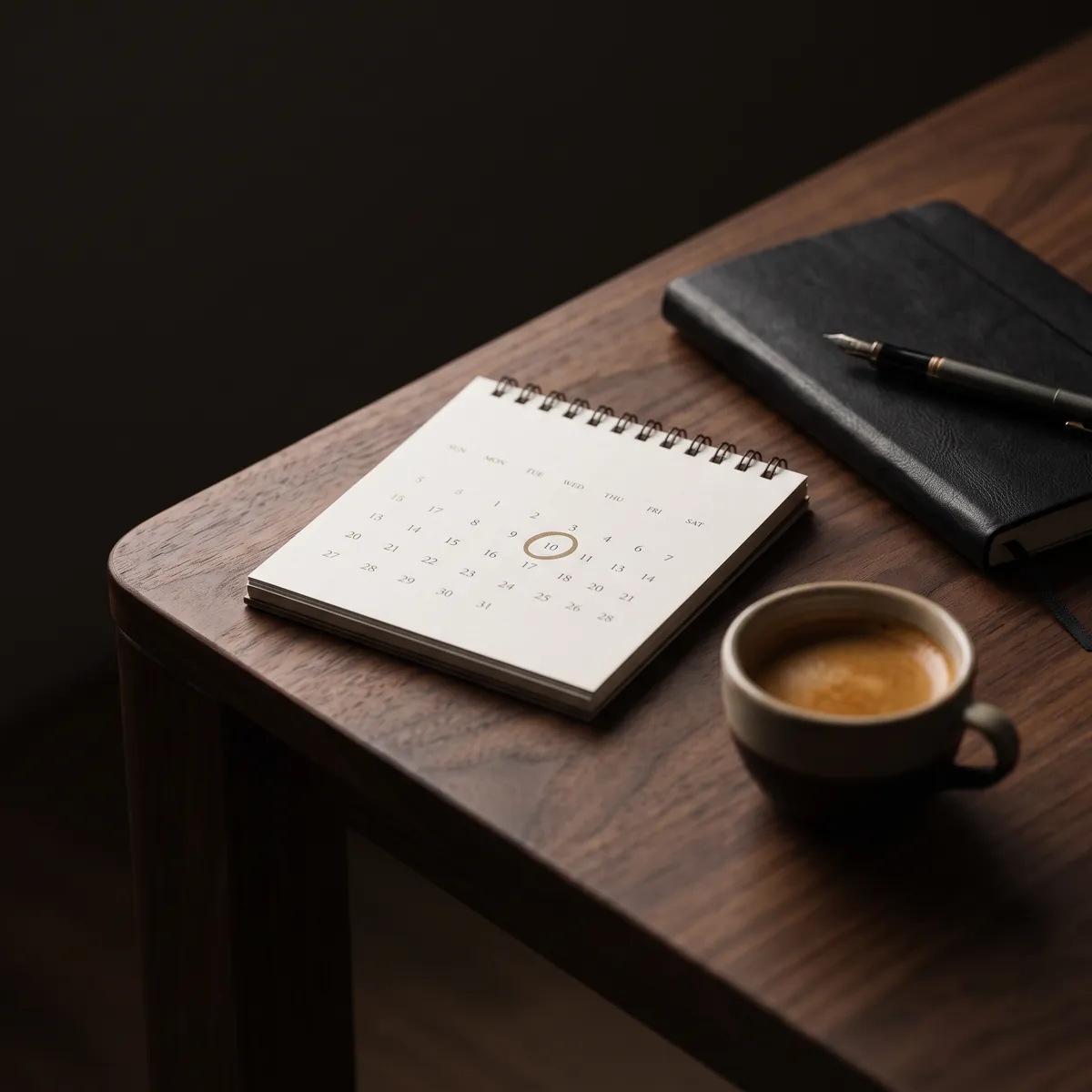 Calendário de mesa com o dia 10 circulado em dourado
