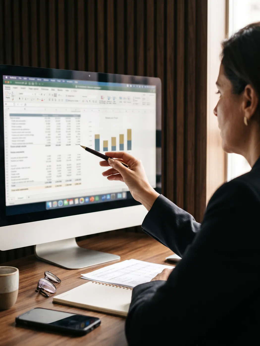 Contador analisando relatórios contábeis no computador