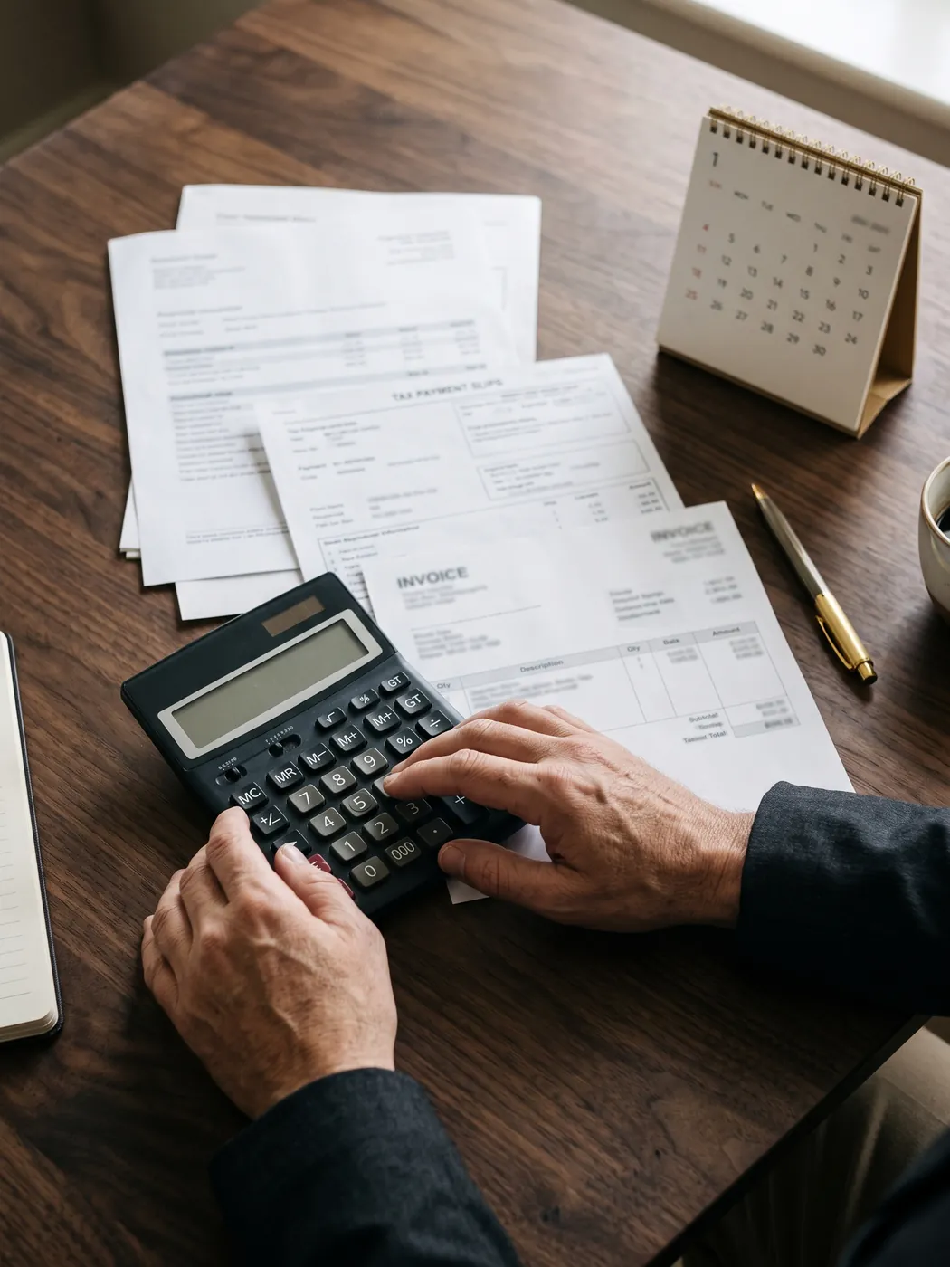 Guias de impostos e notas fiscais organizadas sobre a mesa